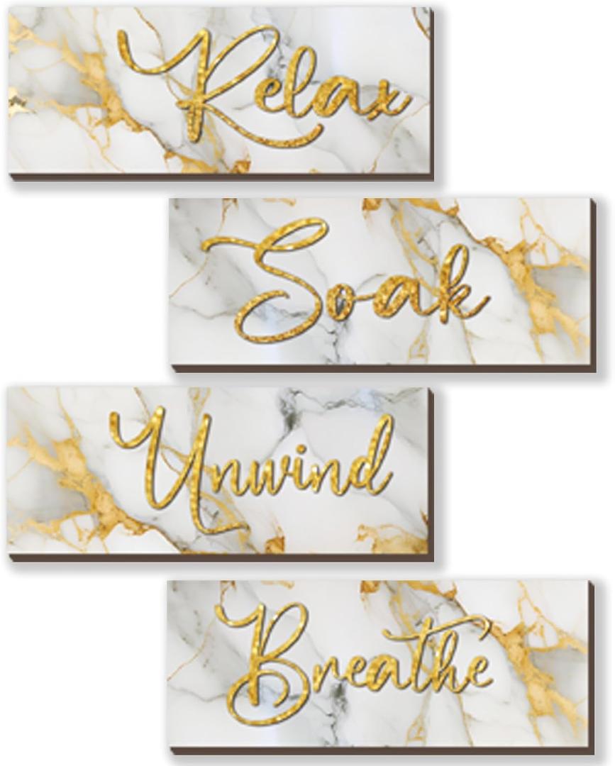ONIZHITY 4 Pcs White and Gold Bathroom Decor White Gold Wall Decor Relax Soak Unwind Breathe Wooden Rustic Marble Style Bathroom Accessories for Bedroom Living Room Decor Kitchen(10X4)