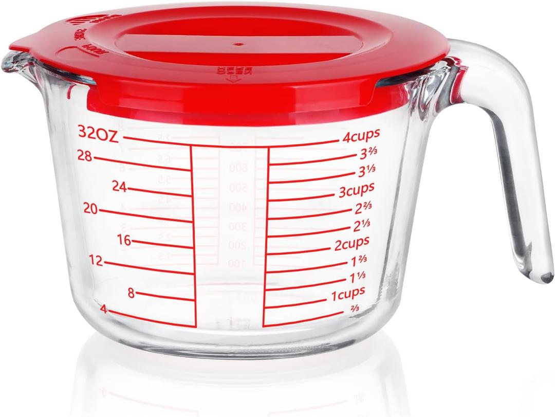 Glass Measuring Cup, 4-Cup Glass Measuring Cups with Lids, Measuring Jugs with Handle Liquid Measuring Cups For Prepping, Baking and Cooking, Dishwasher, Freezer and Microwave Safe