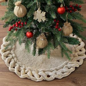 yuboo 24 Inches Boho Knit Tree Skirt, Mini Cream White Braided Cable Knit Christmas Tree Skirt - Rustic Farmhouse Boho Christmas Decor