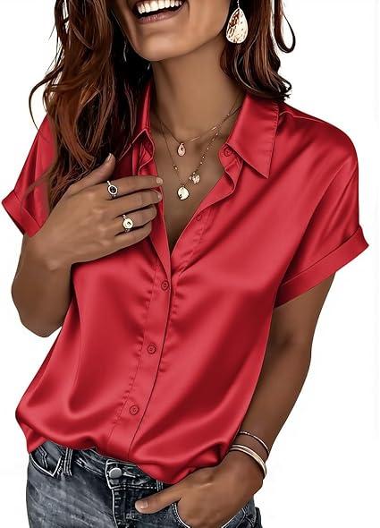 Satin Blouses for Women Silk Button Down Shirts Short Sleeve Tops Work Business Casual Summer Outfits, Medium 