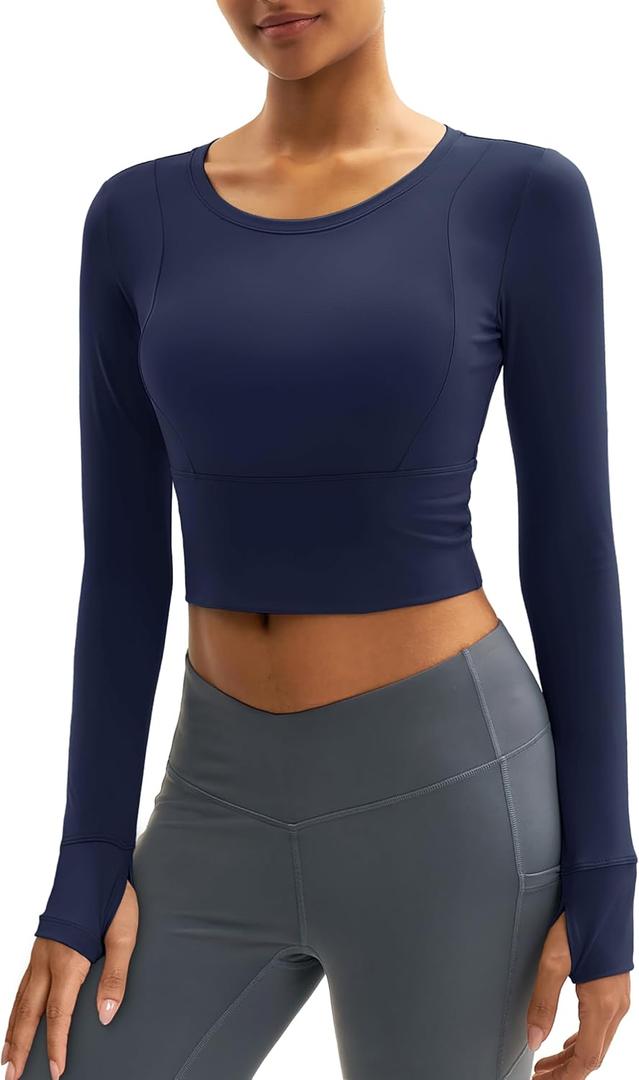 MAGCOMSEN Women's Long Sleeve Crop Workout Tops Slim Fit Yoga Gym Shirts Athletic with Thumb Holes (S)