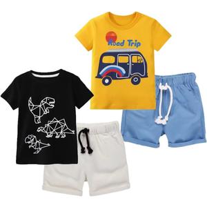 BIBNice Boy Outfits Summer Clothes Kids Cotton Short Sleeve Shirt & Shorts Set, Road Trip & Dinosaur, Size 5T