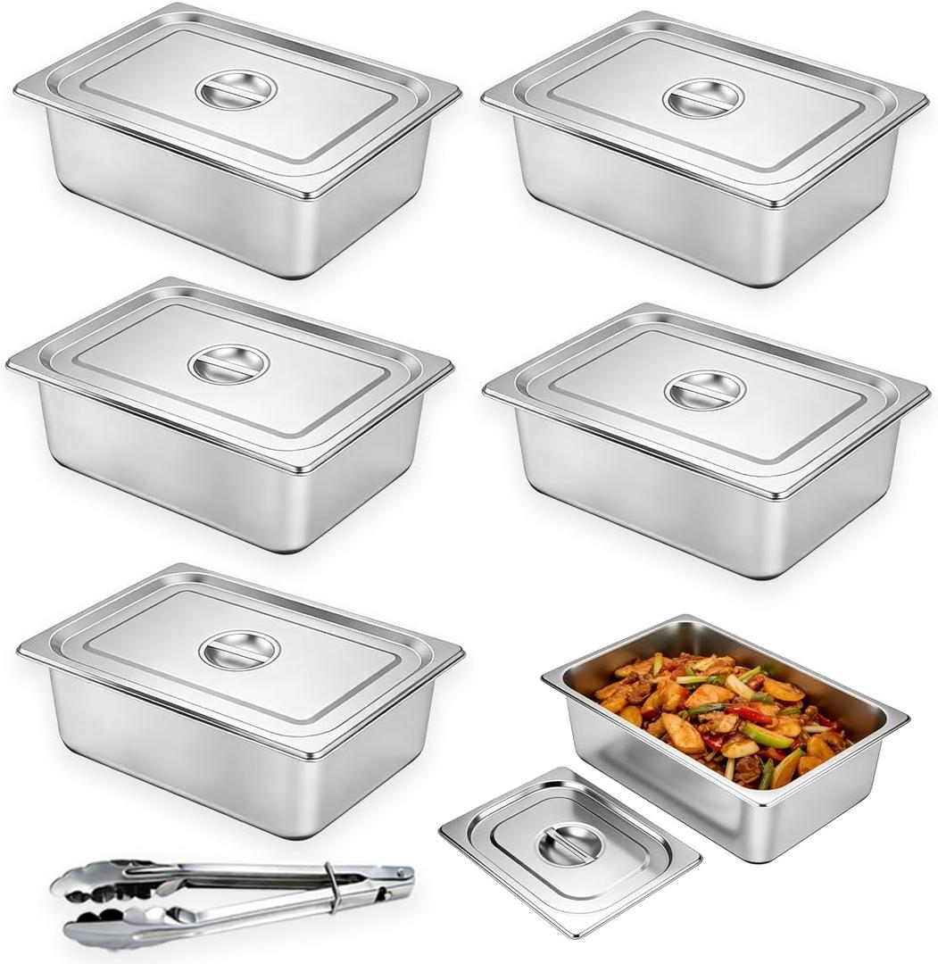 5 Set Hotel Pans With Lids,Stainless Steel Hotel Pans Full Size 6 Inch Deep and a Kitchen Tongs,Catering Food Storage Metal Pan,Anti-Jam Chafing Steam Table Pans for Restaurant Commercial andKitchen.