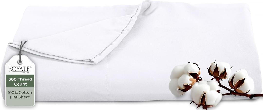 Royale Linens 300 Thread Count 100% Long Staple Combed Cotton Flat Sheet - Super Soft - Top Sheets - Queen Flat Sheet Sold Separately - Breathable, Cool & Crisp Percale Sheets Only (Queen, White)