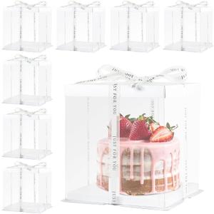 8Pcs Tall Cake Boxes Clear Box with Ribbon, 8x8x9 inch, for 6" cajas para pasteles Tiered Cakes,Transport Gift Boxes for Wedding Valentine'Day and Gift Display. (White, 8 * 8 * 9 inch/8pcs)