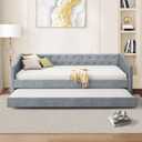 Twin Size Upholstered Daybed with Trundle, Tufted Sofa Bed w/Button on Back and Piping on Waved Shape Arms for Bedroom Guest Room, No Box Spring Needed, Light Grey