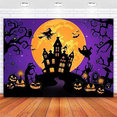Avezano Halloween Backdrop Horror Moon Night Halloween Backdrops for Parties Haunted Castle Scary Pumpkin Witch Full Moon Photography Background, Purple 10 x 7 ft