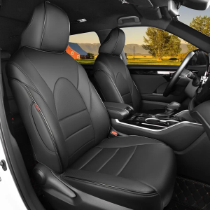 HKZ Custom Fit Grand Highlander Seat Covers for Toyota Grand Highlander 2024 2025, 7-Seater with Second Row Captain Chairs, Front 2 Row Only, Black Leather