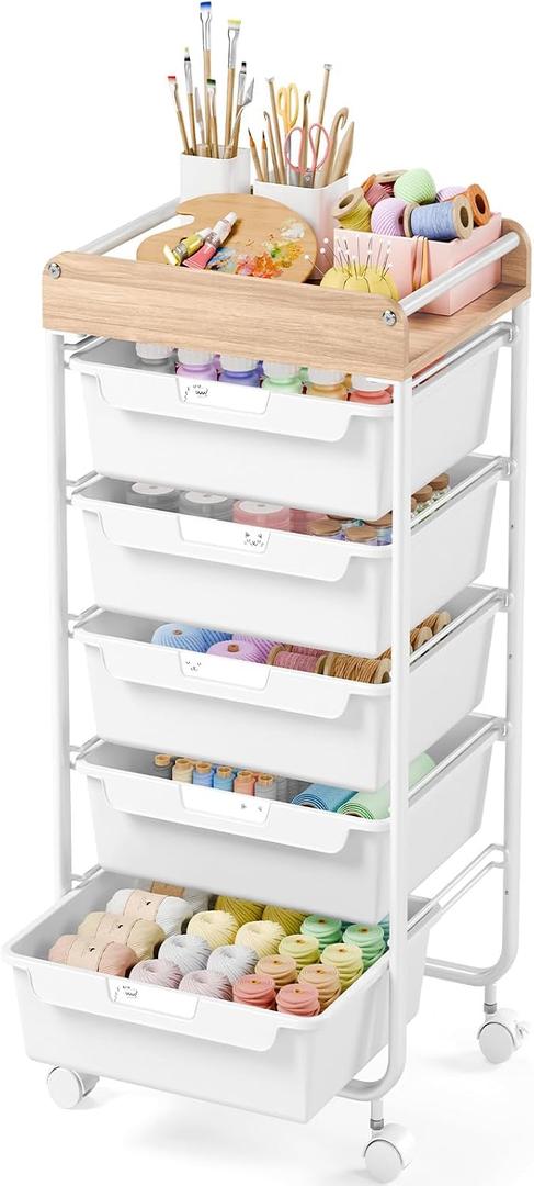SYKIARIOL Rolling Cart with 5 Drawers,Art Craft Cart,Storage Utility Cart with Wheels,Makeup Organizer with Wooden Tabletop,White
