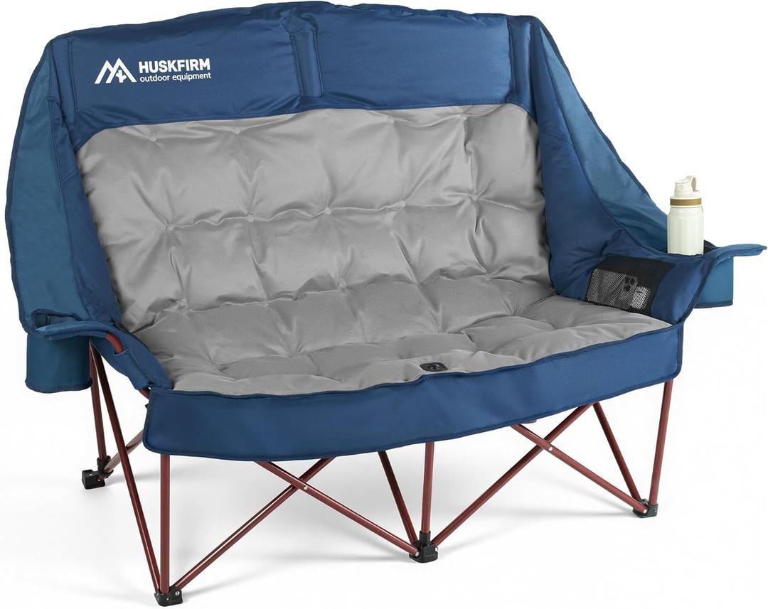 High Back Double Camping Chair 2 Person Camping Chair Low Seat Loveseat Camping Chair Fully Padded Oversized Camping Couch for Adults - Supports 650 LBS with Cup Holders Carry Bag - Blue