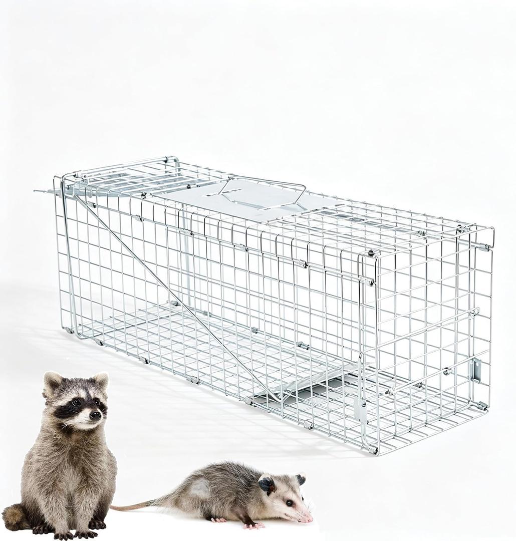Live Animal (Under 4.4 lbs) Cage Trap, Collapsible Humane Animal Trap for Small Raccoons, Galvanized Steel Small Animal Trap Cage for Rabbit,Stray Cat,Chipmunk,Mole,Gopher,Foxes，24x7.1x8.2inches
