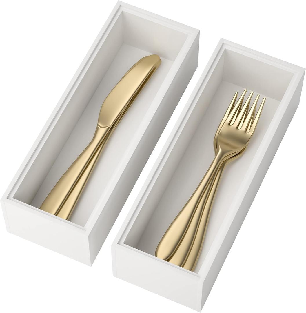 Lixple Utensil Organizer Silverware Drawer Organizer - Set of 2, Stackable Kitchen Organization, Bamboo Storage Box Tray for Kitchen Gadgets Bathroom Countertop (White)