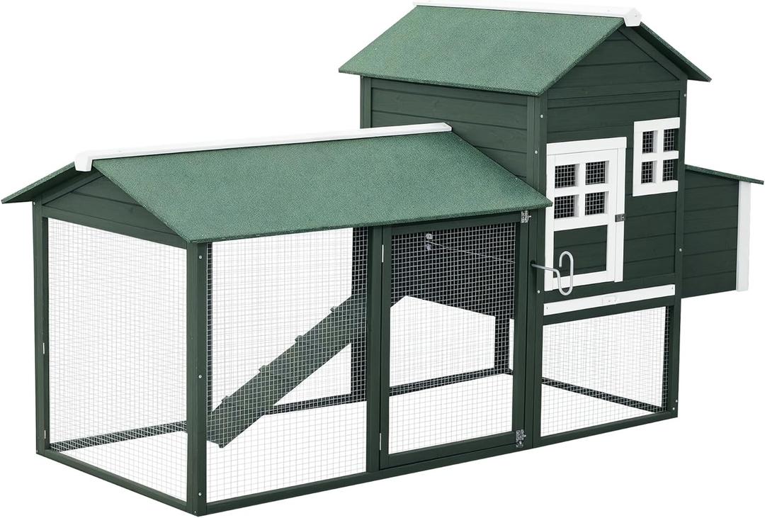 PawHut 84" Wooden Chicken Coop, Hen House Outdoor with Run Nesting Box, Asphalt Roof, Removable Tray, Ramp, Poultry Cage for 2-3 Chickens, Green