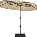 Yaheetech 13 ft Large Patio Umbrella with Solar Lights Double-Sided Outdoor Rectangle Market Umbrellas with 36 LED Lights/Base Included/Crank for Patio Garden Yard Pool, Tan