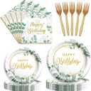 Sage Green Birthday Supplies Tableware Set, Sage Green Decorations with Disposable Happy Birthday Paper Plates Napkins for Greenery Leafy Birthday Party