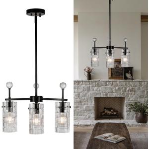 3-Light Black Glass Pendant Light, Adjustable Downrod