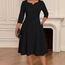 Nmoder Casual Dresses for Women, Fit and Flare A-Line Swing Dress 3/4 Sleeve Church Cocktail Midi Dress with Pockets (Black, XXL)