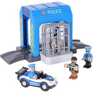 Police Station Playset Toy,Building City Police Scenes Train Set Compatible with All Wooden Train Tracks,Educational Train Accessory Toys for Boys and Kids (Assembly Required)