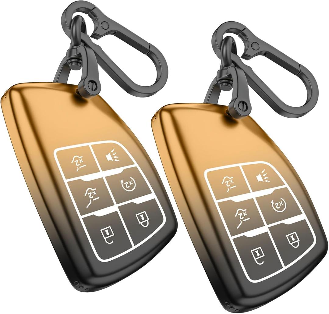 for Chevy GMC Key Fob Cover Accessories- Matte TPU with Leather Keychain for Silverado Sierra Tahoe Suburban Equinox Traverse Yukon Denali Terrain acadia (6 Buttons-Black Gold, 2 Pack)