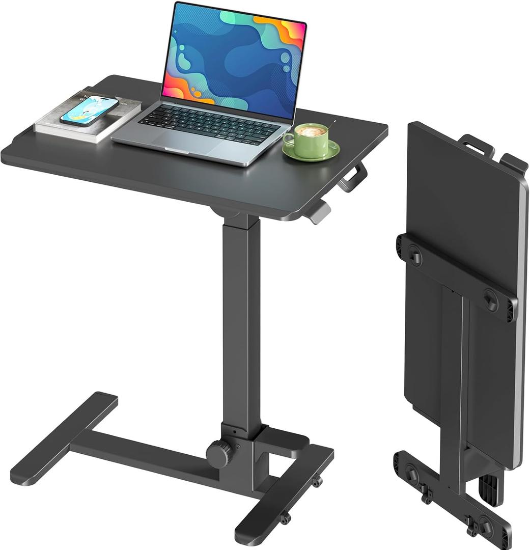 Foldable Mobile Standing Desk, 27 Inch Small Rolling Laptop Cart Height Adjustment, 90 Tiltable Sofaside Table, No Assembly Needed Portable Computer Workstation, Black