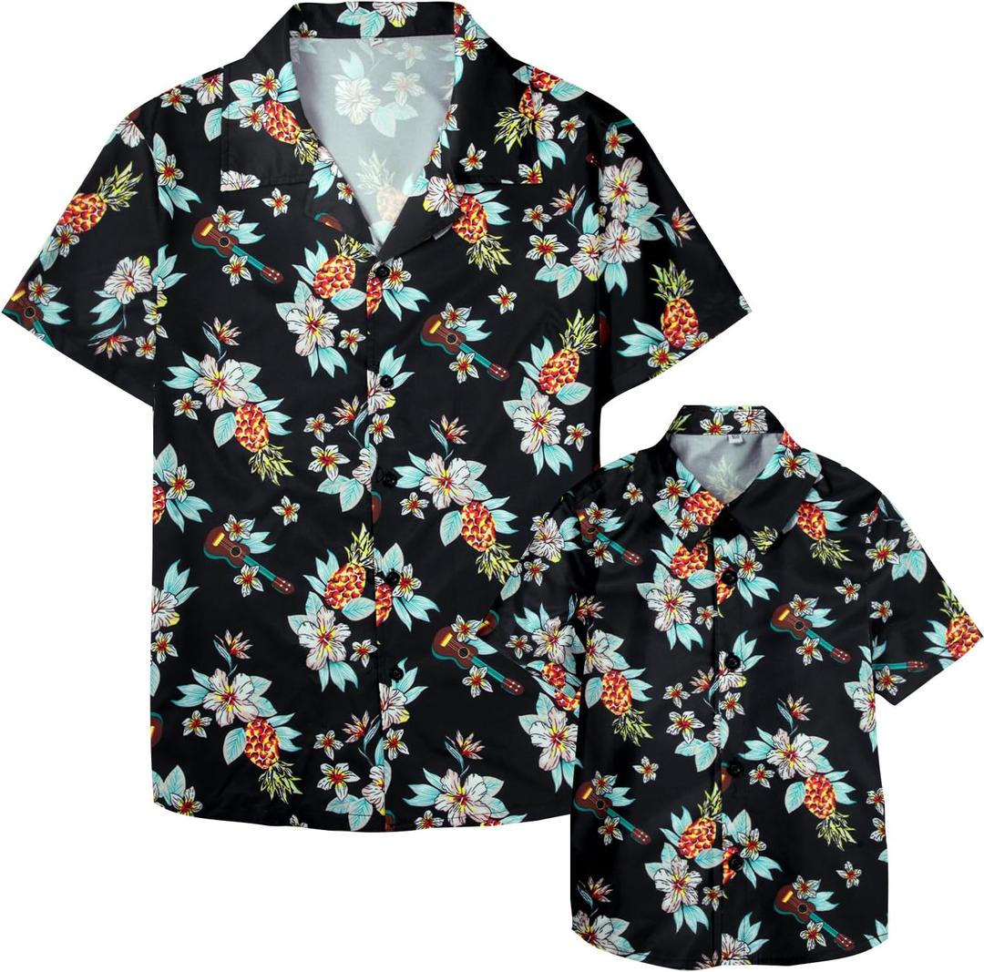 Hawaiian Dad and Son Matching Shirts - Floral Short Sleeve Button Down Shirt Summer Family Vacation Boy Fathers Gift Set (3-4T, Black)