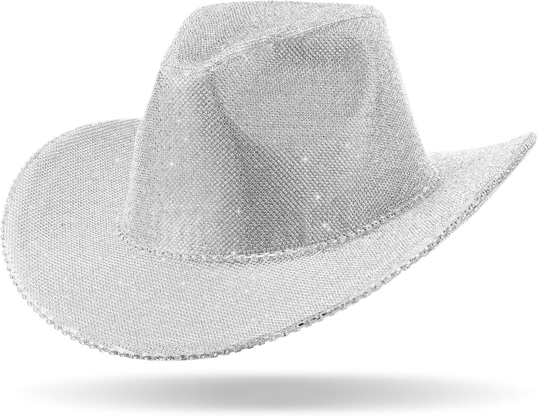 Hercicy Rhinestone Cowboy Hat with Diamond Fringe CowHat for Cosplay Wedding circumference between 21.5 and 23.5 inches (White)