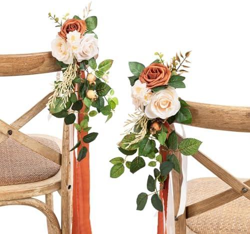 Ling's Moment 8 Wedding Artificial Aisle Pew Flowers Chair Decorations Arrangements With Chiffon Ribbons Sunset Terracotta for Ceremony Reception Chair Back Floral Decor Reception Church Party Outdoor