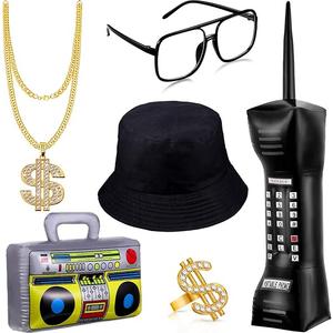Sumind 6 Pcs Hip Hop Costume Kit 80s 90s Rapper Accessories for Men Women Inflatable Radio Box Necklace Ring Sunglasses Hat(Black)