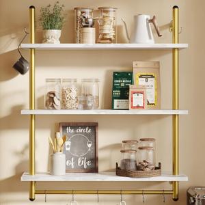 Bestier 31" Industrial Pipe Shelving, Floating Kitchen Wall Shelves 3 Tier Coffee Bar Shelves for Wall with 8 Hooks, Hanging Display Shelf Bookshelf for Living Room Bathroom, White Marble (31.5 Inch)