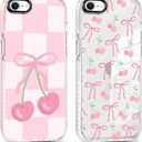 2 Pack Cute Coquette Bow Phone Case for iPhone 7/8 / SE 2020/2022 4.7", Clear Aesthetic Pink Cherry Ribbon Checkered Pattern Print Design Women Girls Case Soft Shockproof TPU Funda Cover