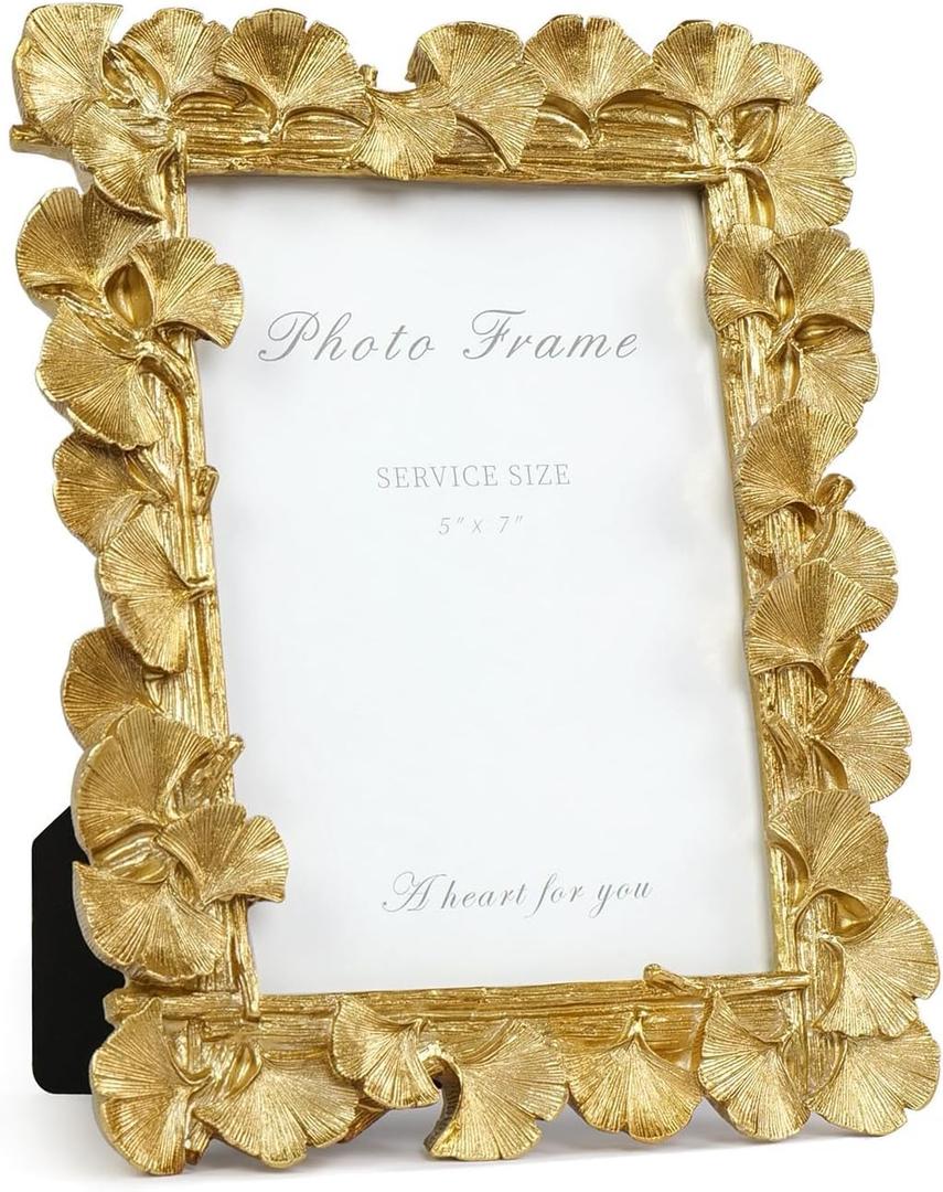 Cuspin 5x7 Picture Frame, Vintage Ornate Gold Resin Frame with Glass Front, Ginkgo Leaf Textured Photo Frame for Wall Hanging or Tabletop Display, Retro Design Home Decor Gift