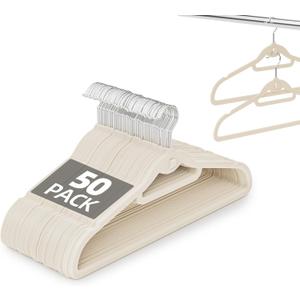 Velvet Hangers 50 Pack, Non Slip Stackable Clothes Hangers with Cascading Hooks, Ultra Thin and Space Saving Felt Hangers with Tie Bar, 360 Swivel Hooks, Heavy Duty for Suit Coat Shirt Pant- Ivory
