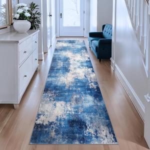 Modern Abstract 5x7 Area Rug, Non-Slip Washable Carpet for Living, Bedroom & Dining Room, Soft Faux Wool Rugs for Hardwood Floors, Blue