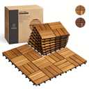 Set 10 Premium Deck Tiles, Interlocking Deck Tile, Wooden Patio Flooring Outdoor Waterproof, Acacia Wood Decking All Weather for Balcony Indoor and Outdoor Use (Golden Teak, Round Joints) (10 Pcs - 10 Square Ft)