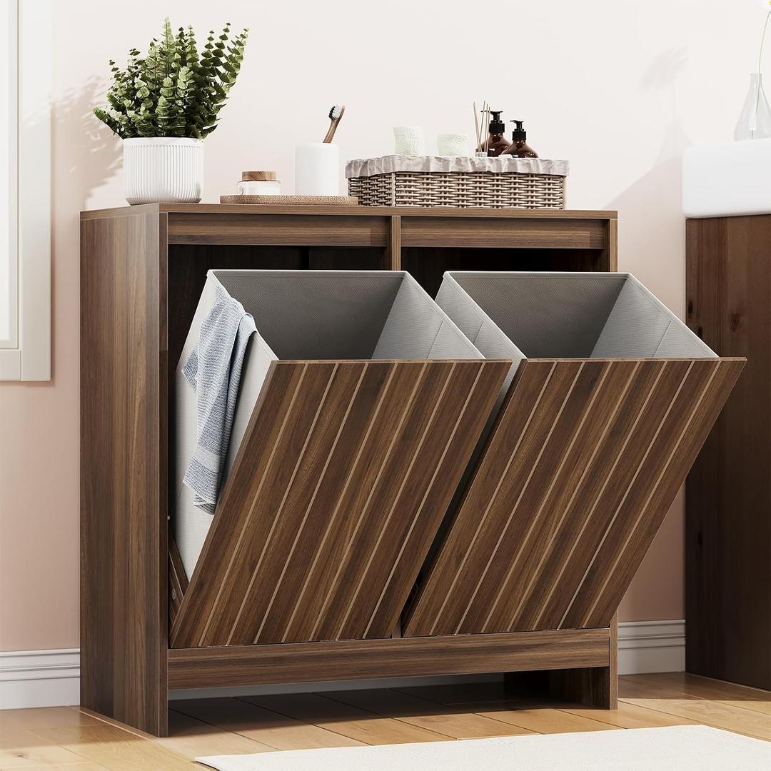 Smuxee Double Tilt Out Laundry Hamper Cabinet, Hidden Laundry Cabinet with Double Baskets, Walnut Trash Can for Bathroom, Living Room, Kitchen, 13"D x 26"W x 27.7"H