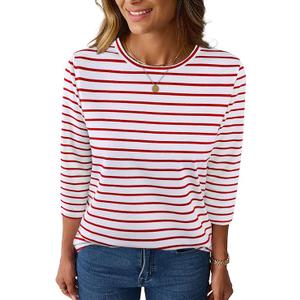 LilyCoco Womens 3/4 Length Sleeve Tops Striped Boatneck Shirt Breton French Cotton Tees M