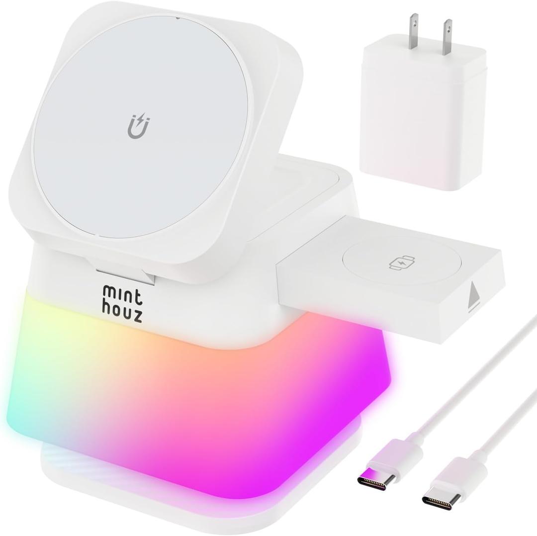 Minthouz 3 in 1 Charging Station for iPhone, Wireless Charger for Apple, MagSafe Charger with Night Light, 360 Rotation, Compatible with iPhone 16, 15, 14, 13, 12 Pro, Apple Watch & AirPods Pro 4/3/2