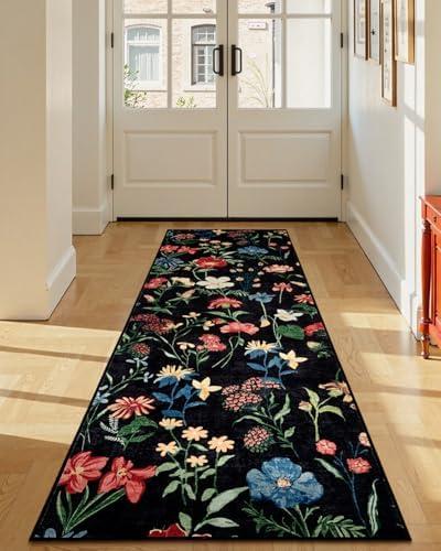 GarveeHome 2x6 Runner Rug for Hallway, Floral Washable Area Rugs Low Pile, Soft Non Slip Vintage Carpet for Living Room, Bedroom, Kitchen, Dining Room, Black