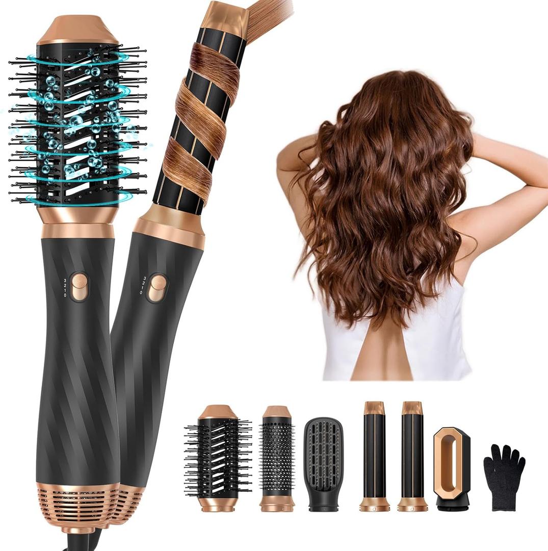 6 in 1 Hair Dryer Brush, Upgrade Detachable Blow Dryer Brush Air Styler Wrap Air Curler, Curly Twist Hot Curling Iron, Negative Ion Blow Dryer Hot Styler, Travel Hair Styling Tool (Black Gold)