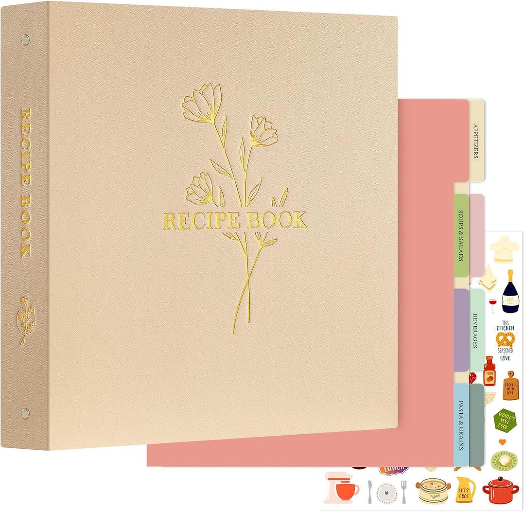 Lanpn Recipe Binder 8.5x11 3 Ring Kit, Waterproof Recipe Book Organizer Binder with 60 Plastic Sleeves,116 Recipes, Dividers,Labels & Stickers, Blank Recipe Binder to Write in Your Own Recipes, Oat (8.5 x 11 Inch, Flower A-oat)