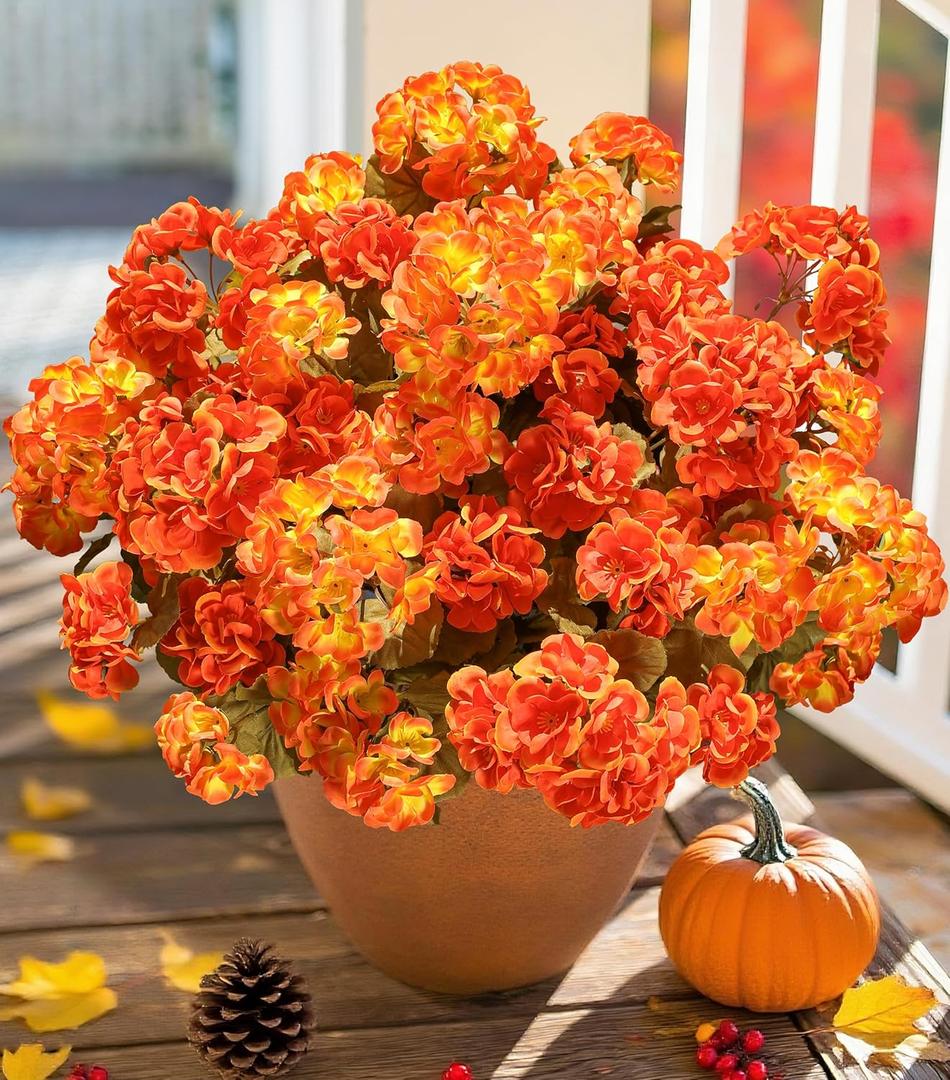 Fake Geraniums Artificial Flowers for Outdoors Fall Autumn Decoration, 6 Bundles Silk Geraniums Look Real Faux Fall Flowers Plants for Front Door Garden Planter Patio Balcony Yard Home Indoor, Mix