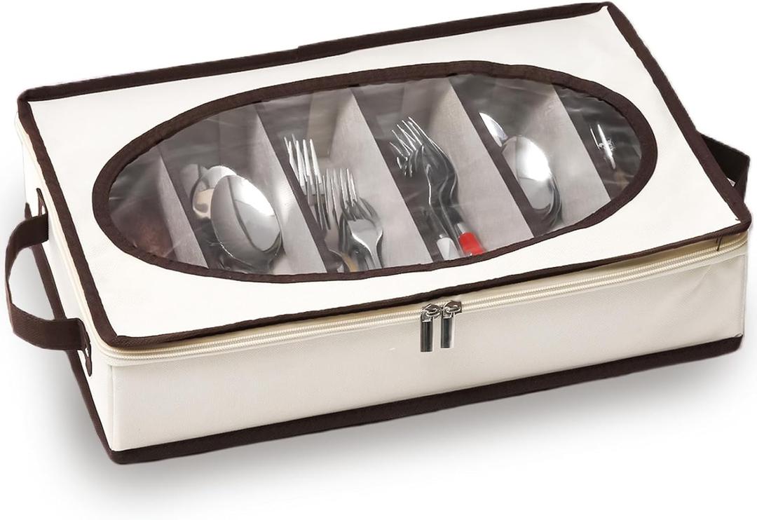 Hiceeden Silverware Organizer with Zipper Lid, 16.5"10.6"3.5" Flatware Storage Box with Adjustable Dividers and Handles, Portable Cutlery Holder Utensil Case for Spoon, Fork, Knife, 6 Compartment