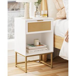 Masupu Rattan Nightstand,Modern Night Stand Boho Farmhouse Wood Bedside Table with Storage Drawer Side End Table for Bedroom,Living Room,Office,White