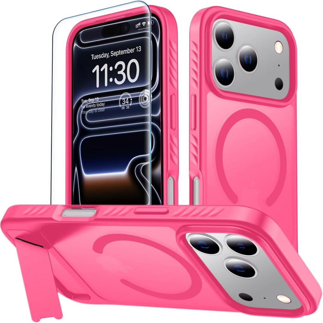 MOZOTER for iPhone 17 Pro Max Case with Kickstand,[Compatible with MagSafe] [12FT Military Grade Protection] Slim Translucent Matte Shockproof Phone Case,6.9",Rosered
