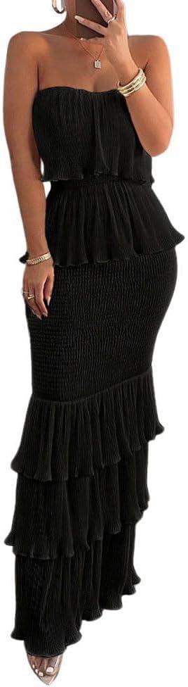 chouyatou Women's Sweet Ruffle Smocked Bodycon Maxi Dress Shirred Package Hip Mermaid Bandeau Dress (Medium, Black)