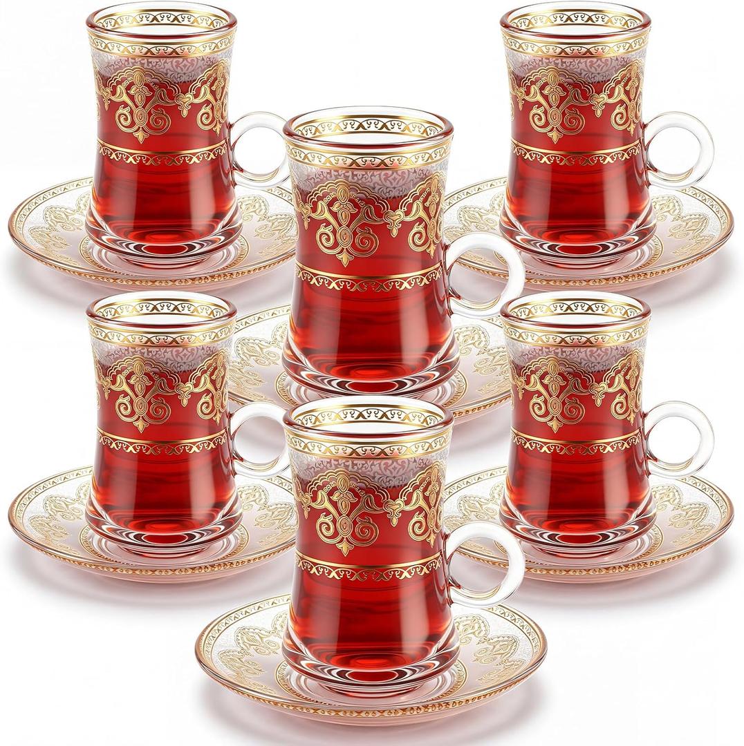 6 Pcs Turkish Tea Glasses Saucers 4 oz Ottoman Gold Arabic
Gold Decorative Glass, For Espresso and Party, Moroccan Persian Style with Handles, Tulip Shaped for Arabic Turkish Coffee
