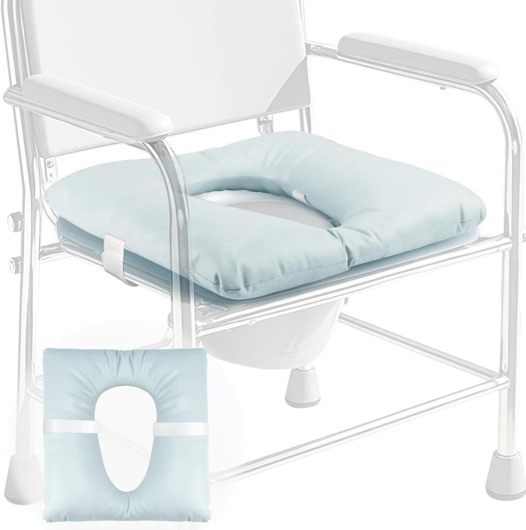 Bedside Commode Cushion, Seniors Portable Seat Cushion for Toilet/Shower/Bedside, Universal Fit Commode Padded Seat for Elderly, Seats Pad Cover Toilet Seats 17x17 with Fixing Straps (Blue)