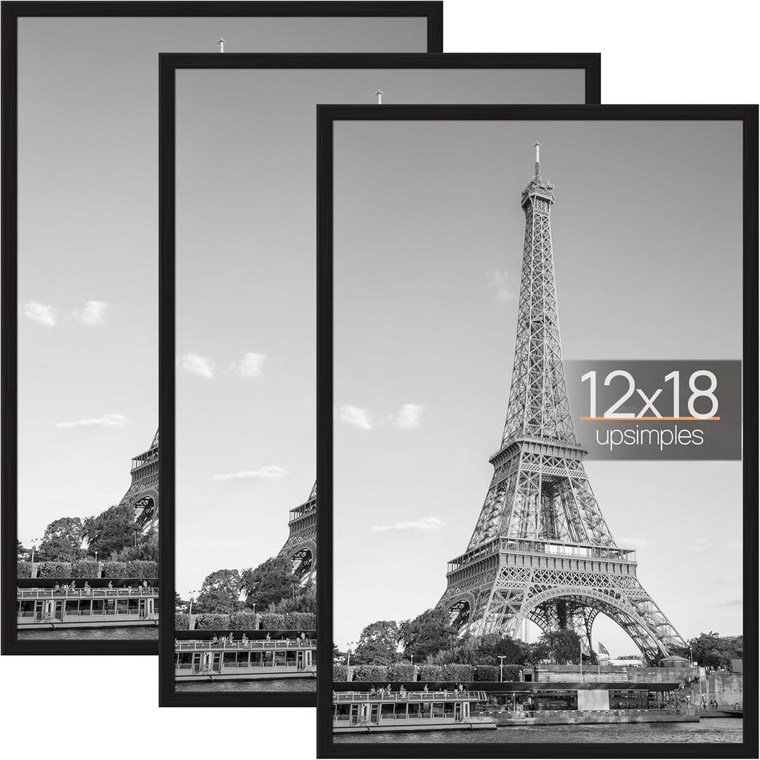 Upsimples 12x18 Picture Frame Black 3 Pack, Scratch-Proof Poster Frames 12 x 18 for Photo Gallery - Slide-In Strips, Horizontal or Vertical Wall Mounting