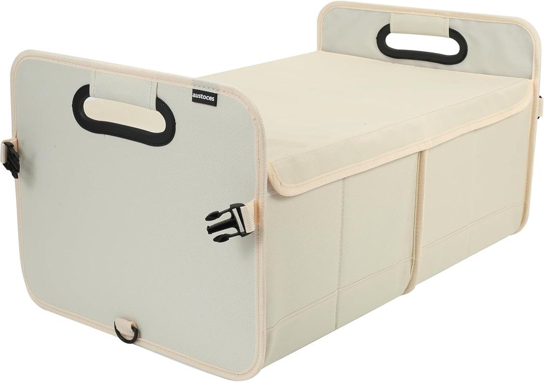Car Trunk Organizer With Soft Cover and Storage Bin Essentials Collapsible Organization Accessories for SUV/Sedan Beige