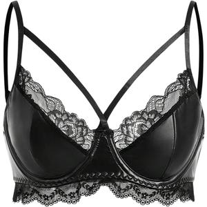 OYOANGLE Women's Leather Lace Trim Underwire Bra Lingerie Cut Out Strappy Push Up Goth Bralette (Medium, Black)
